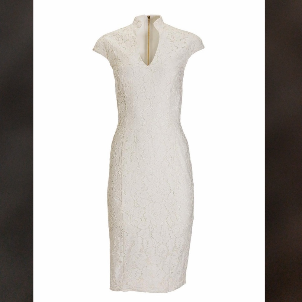 Cap-sleeve lace military dress